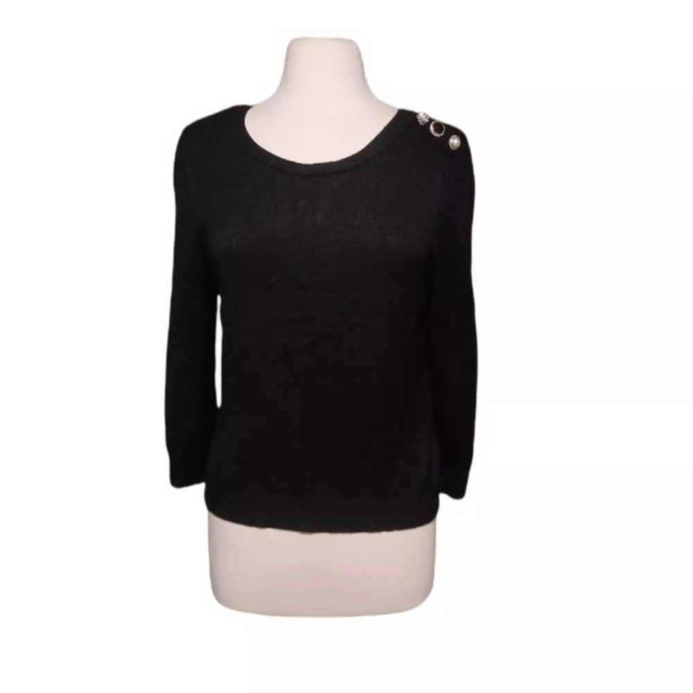 White House Black Market Sz M Black Crew Neck Sweater w/ Jeweled Accents